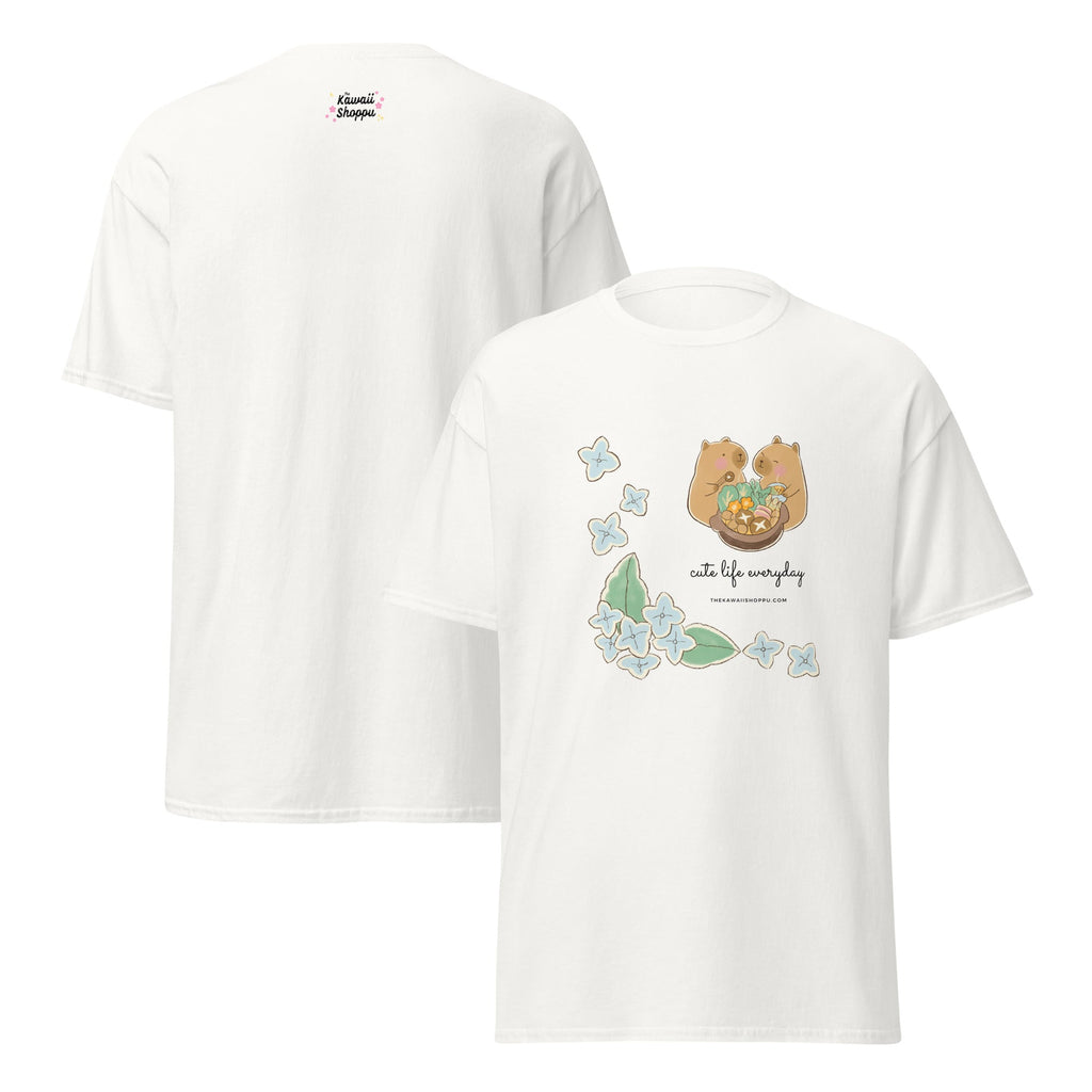 T-shirt Unisexe Blanc à Capybaras et Fleurs