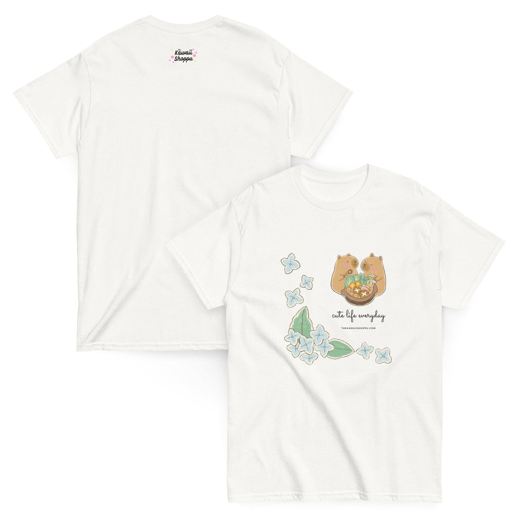 T-shirt Unisexe Blanc à Capybaras et Fleurs
