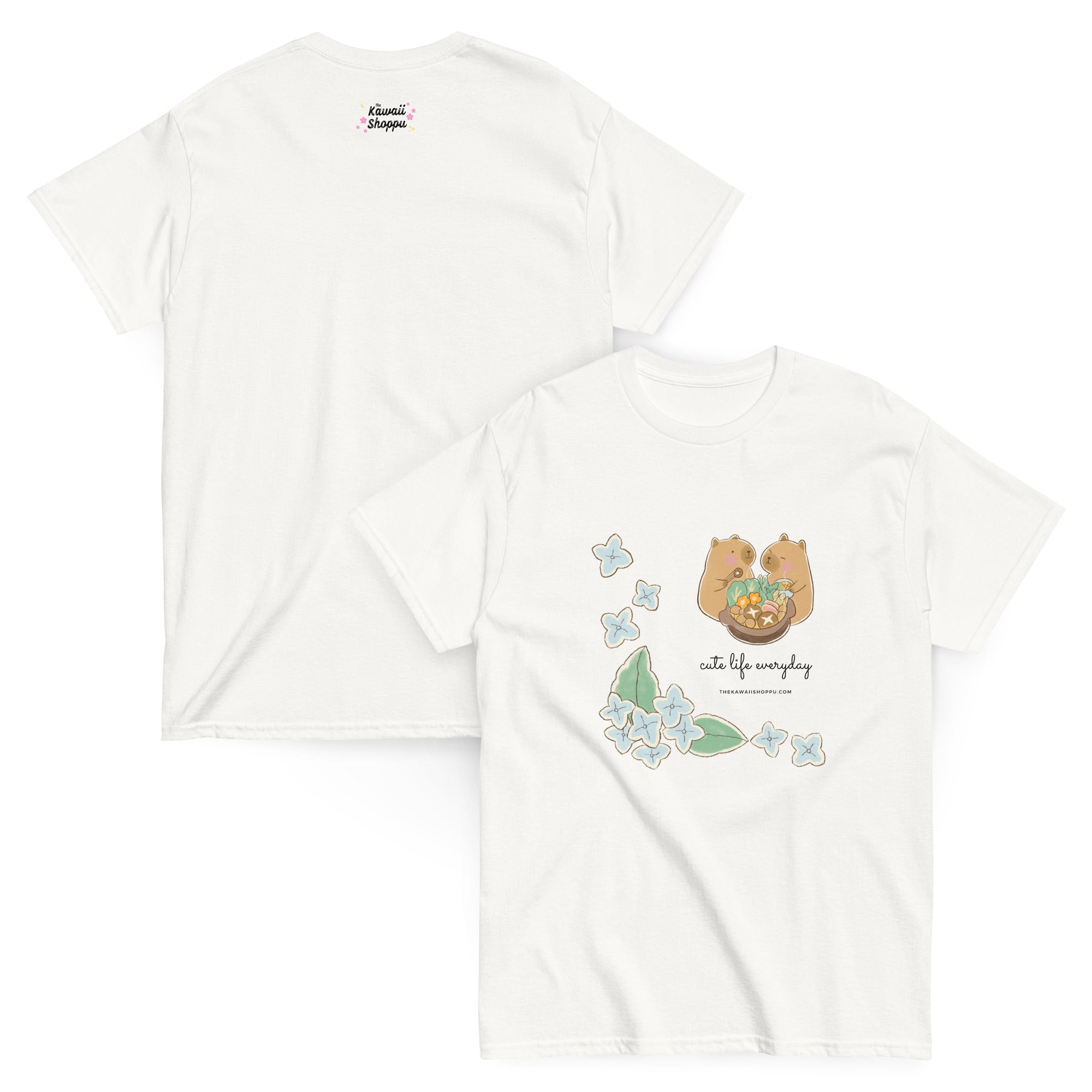 T-shirt Unisexe Blanc à Capybaras et Fleurs