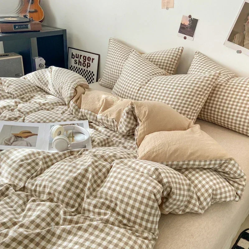 Ensemble housse de couette style japonais à carreaux - Câlin Kawaii