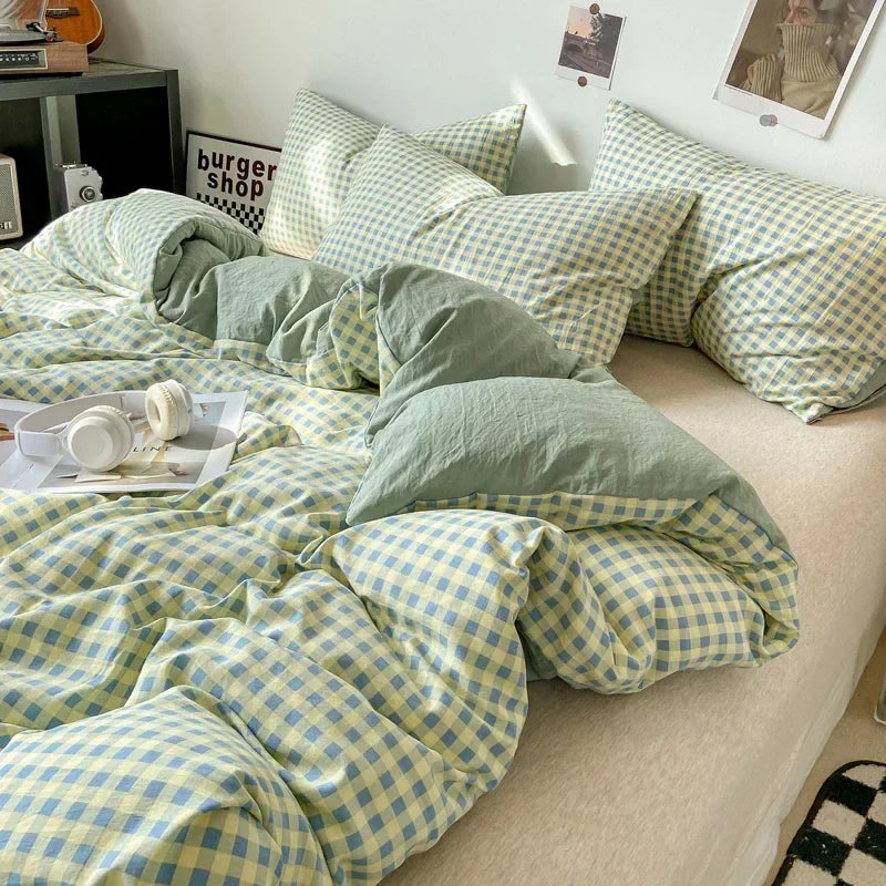 Ensemble housse de couette style japonais à carreaux - Câlin Kawaii
