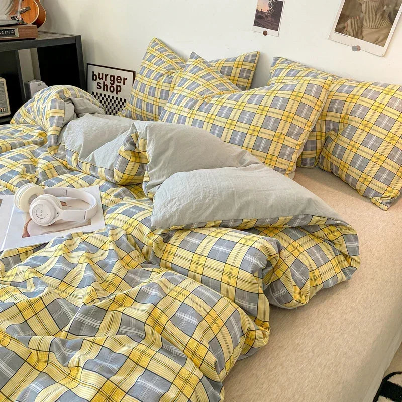 Ensemble housse de couette style japonais à carreaux - Câlin Kawaii