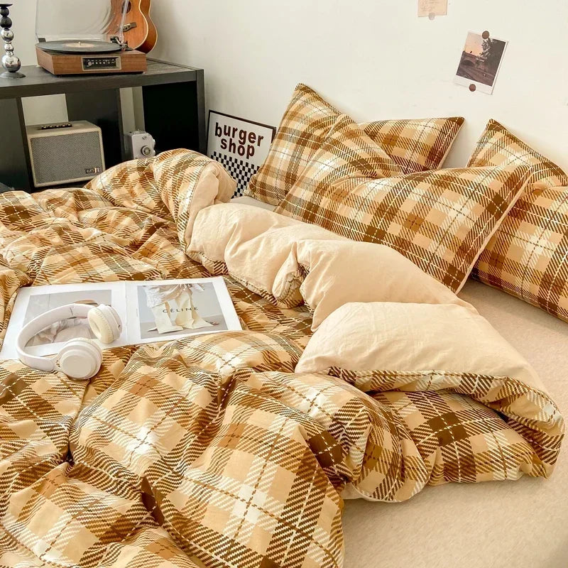 Ensemble housse de couette style japonais à carreaux - Câlin Kawaii