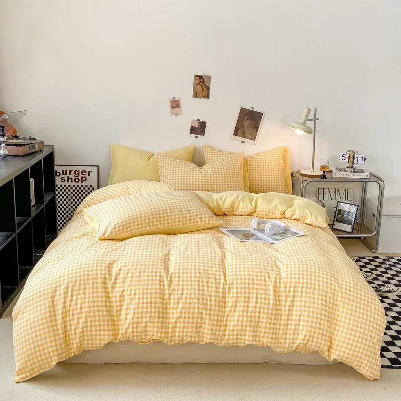 Parure de Lit Jaune Pâle à Motif Vichy