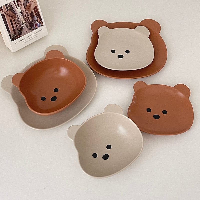 Set Vaisselle Ourson en Silicone Beige et Terracotta