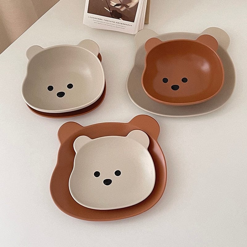 Set Vaisselle Ourson en Silicone Beige et Terracotta