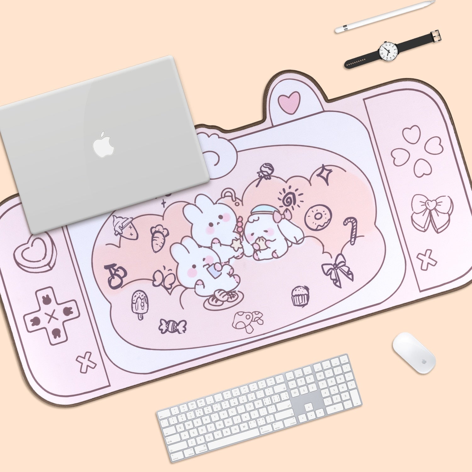 Grand Tapis de Bureau Rose Lapins Mignons Console