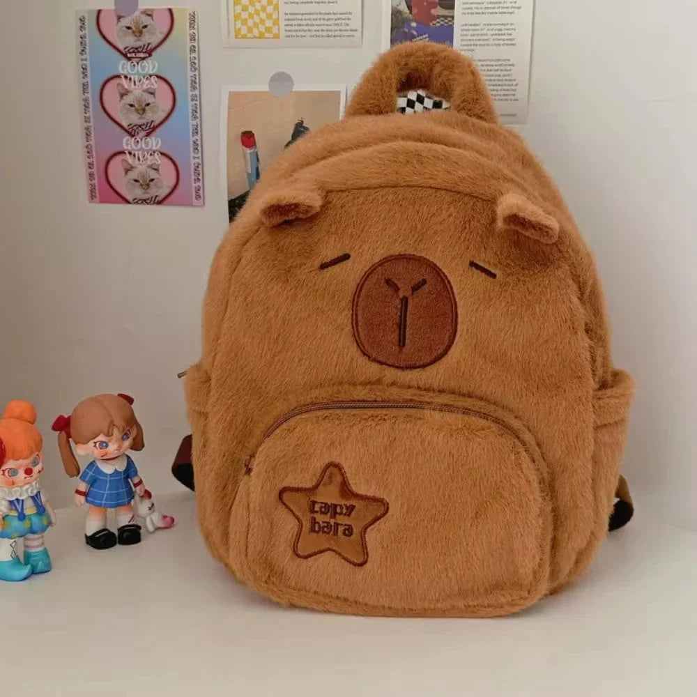 Mini Sac à Dos en Peluche Marron Capybara Brodé