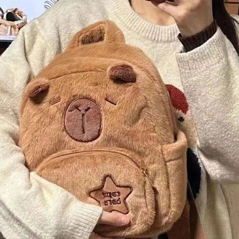 Mini Sac à Dos en Peluche Marron Capybara Brodé