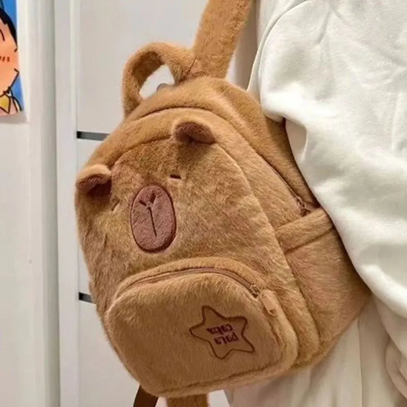 Mini Sac à Dos en Peluche Marron Capybara Brodé