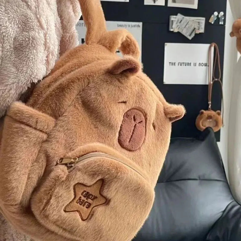 Mini Sac à Dos en Peluche Marron Capybara Brodé