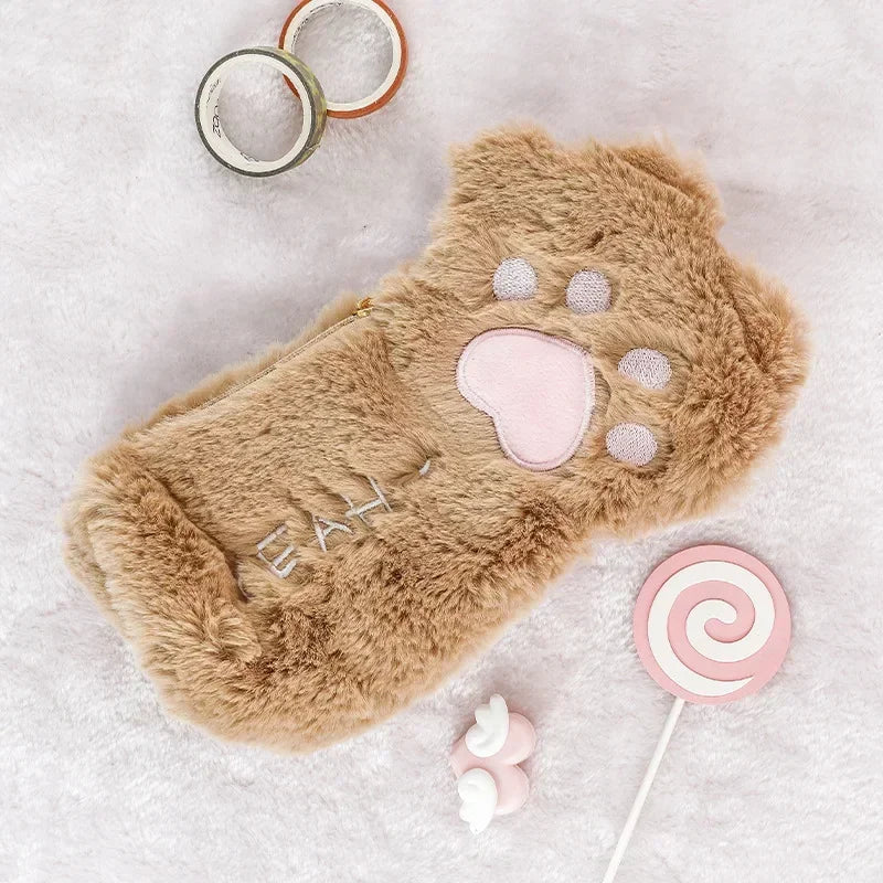 Trousse patte de chat kawaii en peluche douce pour crayons - Câlin Kawaii