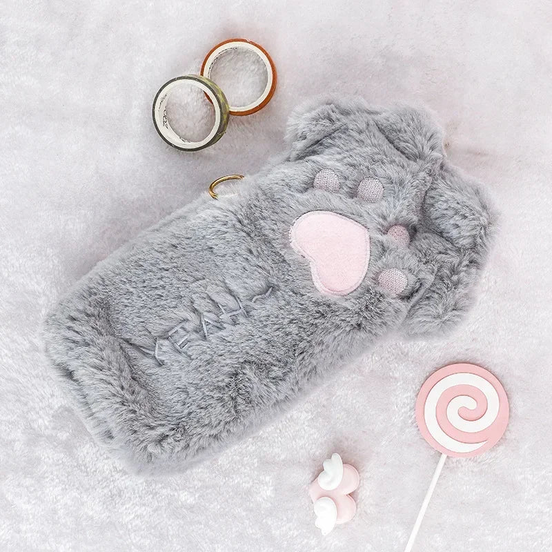 Trousse patte de chat kawaii en peluche douce pour crayons - Câlin Kawaii
