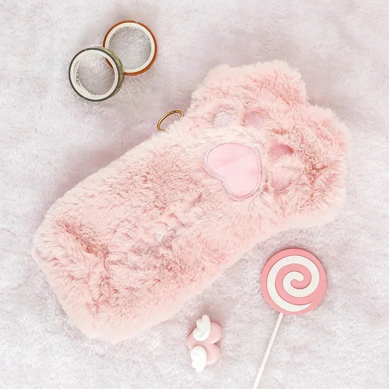 Trousse en Peluche Rose Pâle à Patte de Chat