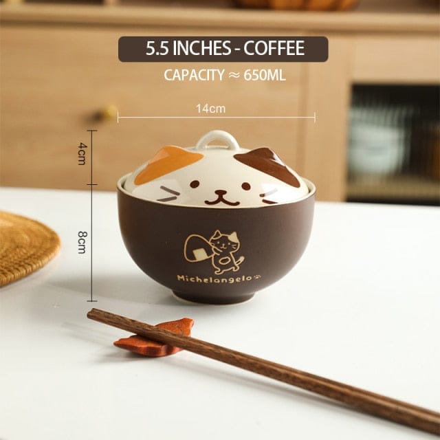 Bol à ramen avec couvercle motif chat kawaii illustré - Câlin Kawaii