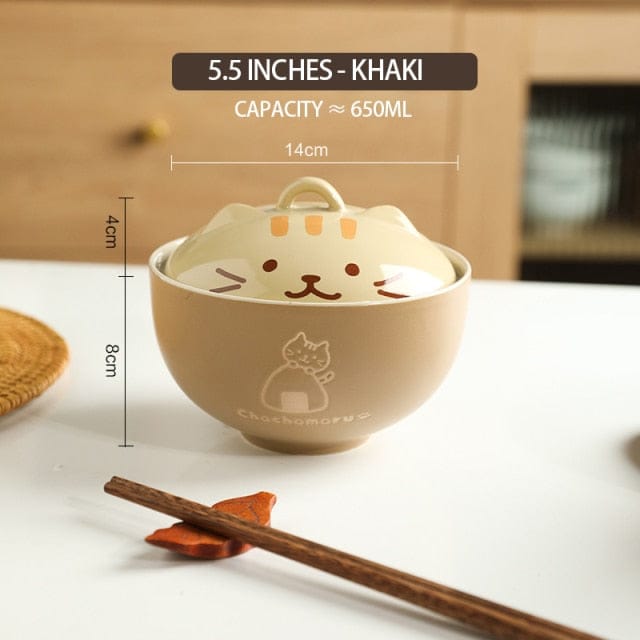 Bol à ramen avec couvercle motif chat kawaii illustré - Câlin Kawaii