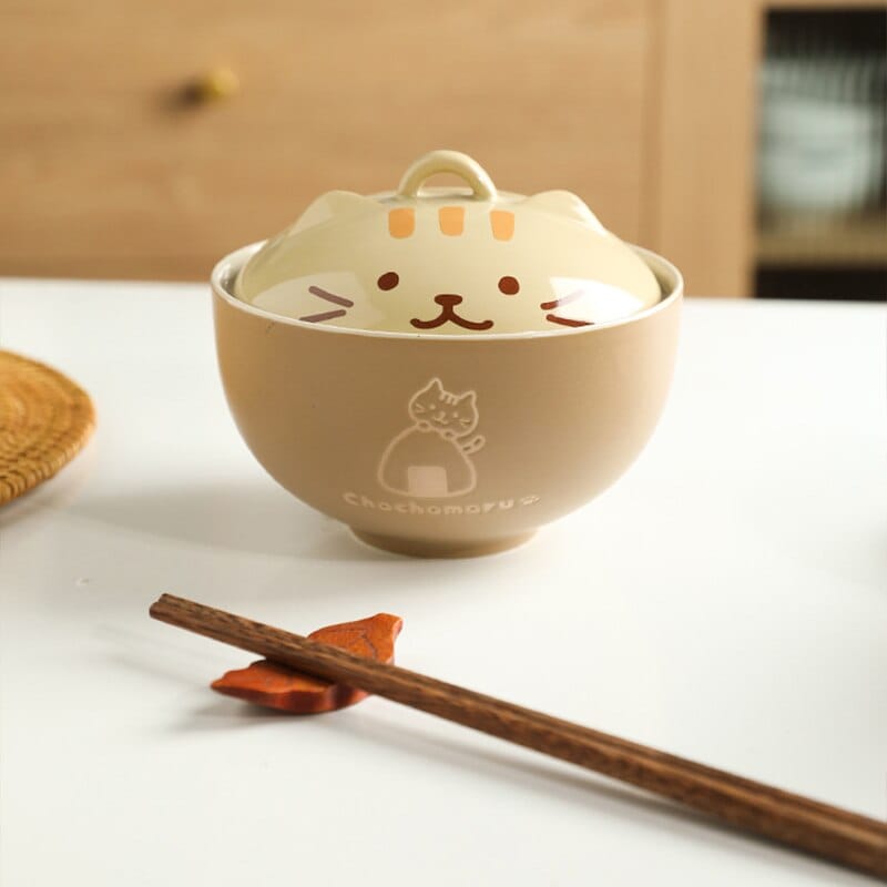 Bol en Céramique Kawaii à Tête de Chat Brun Foncé