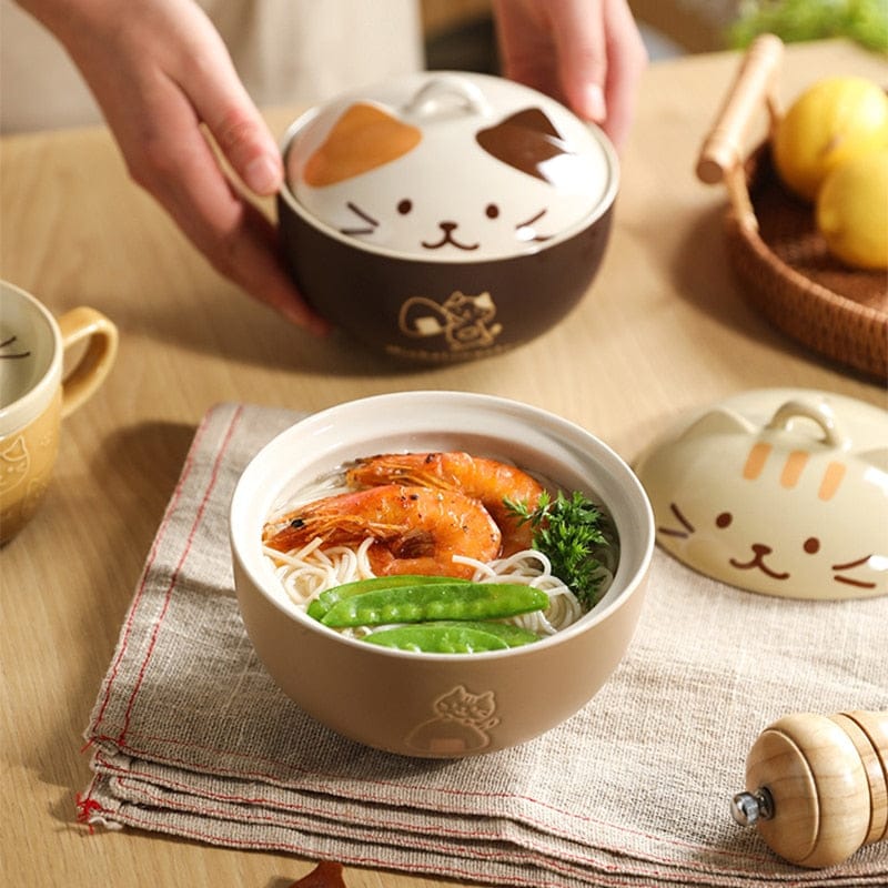 Bol en Céramique Kawaii à Tête de Chat Brun Foncé