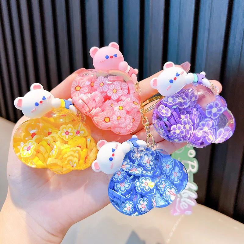 Porte-Clés Ours Kawaii en Résine à Fleurs Flottantes