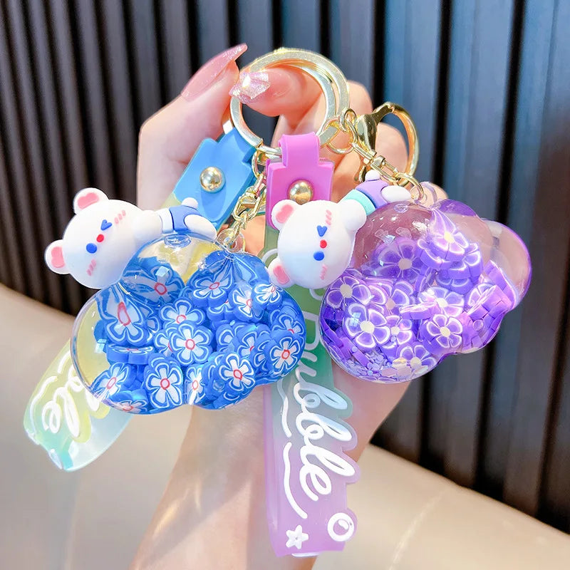 Porte-Clés Ours Kawaii en Résine à Fleurs Flottantes
