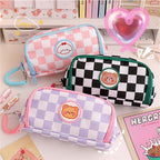 Trousse à Crayons à Damier Rose et Blanc avec Patch Chien