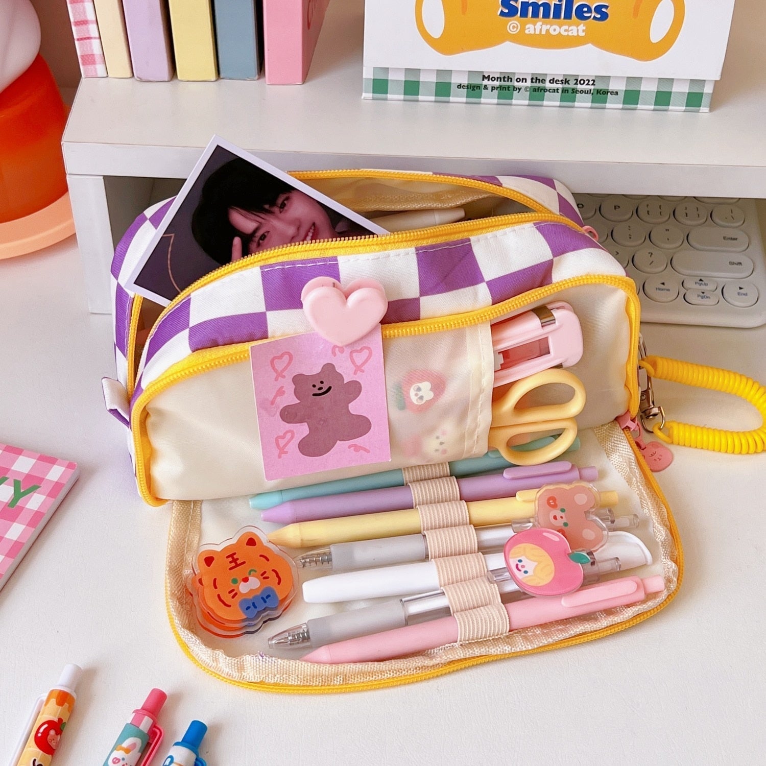 Trousse à Crayons à Damier Rose et Blanc avec Patch Chien