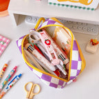 Trousse à Crayons à Damier Rose et Blanc avec Patch Chien