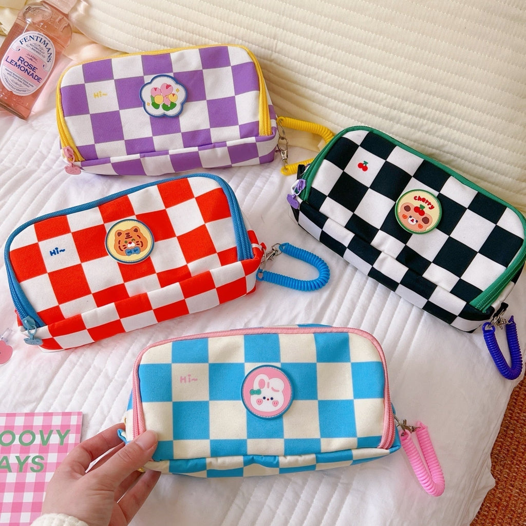 Trousse à Crayons à Damier Rose et Blanc avec Patch Chien