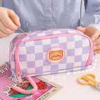 Trousse à Crayons à Damier Rose et Blanc avec Patch Chien