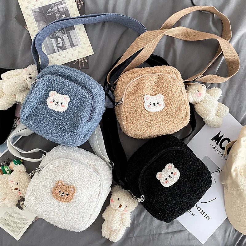 Sac à Bandoulière en Peluche Bleu Doux avec Ours Kawaii