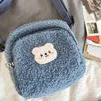 Sac à Bandoulière en Peluche Bleu Doux avec Ours Kawaii