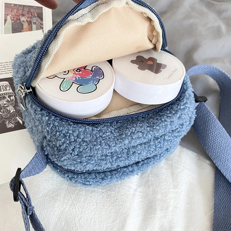 Sac à Bandoulière en Peluche Bleu Doux avec Ours Kawaii