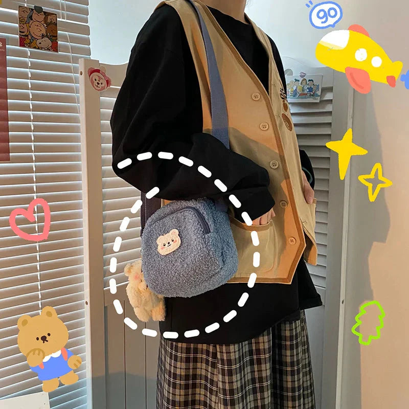 Sac à Bandoulière en Peluche Bleu Doux avec Ours Kawaii