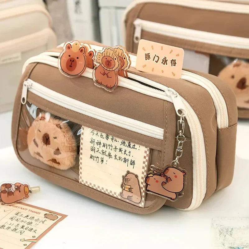 Trousse Kawaii Taupe avec Vitrine Animaux et Zip Blanc