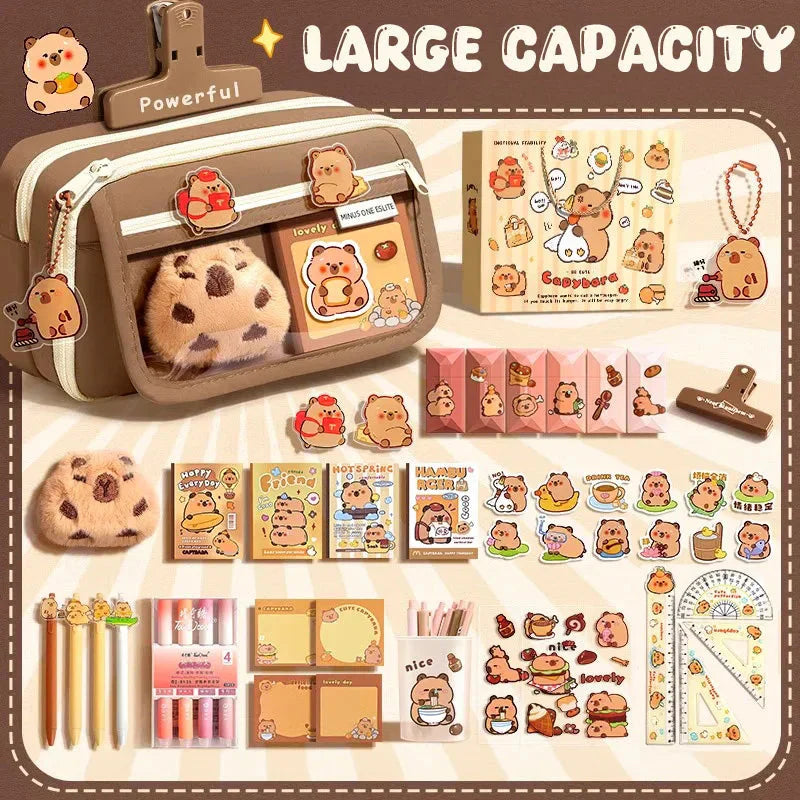 Trousse Kawaii Taupe avec Vitrine Animaux et Zip Blanc