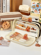Trousse Kawaii Taupe avec Vitrine Animaux et Zip Blanc