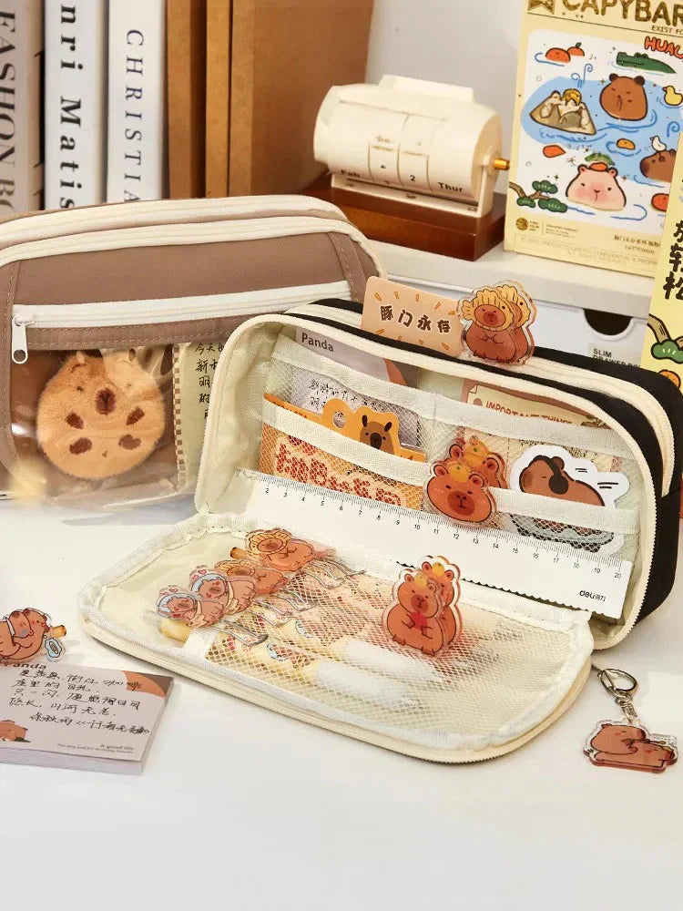 Trousse Kawaii Taupe avec Vitrine Animaux et Zip Blanc