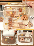 Trousse Kawaii Taupe avec Vitrine Animaux et Zip Blanc