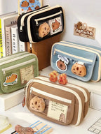 Trousse Kawaii Taupe avec Vitrine Animaux et Zip Blanc