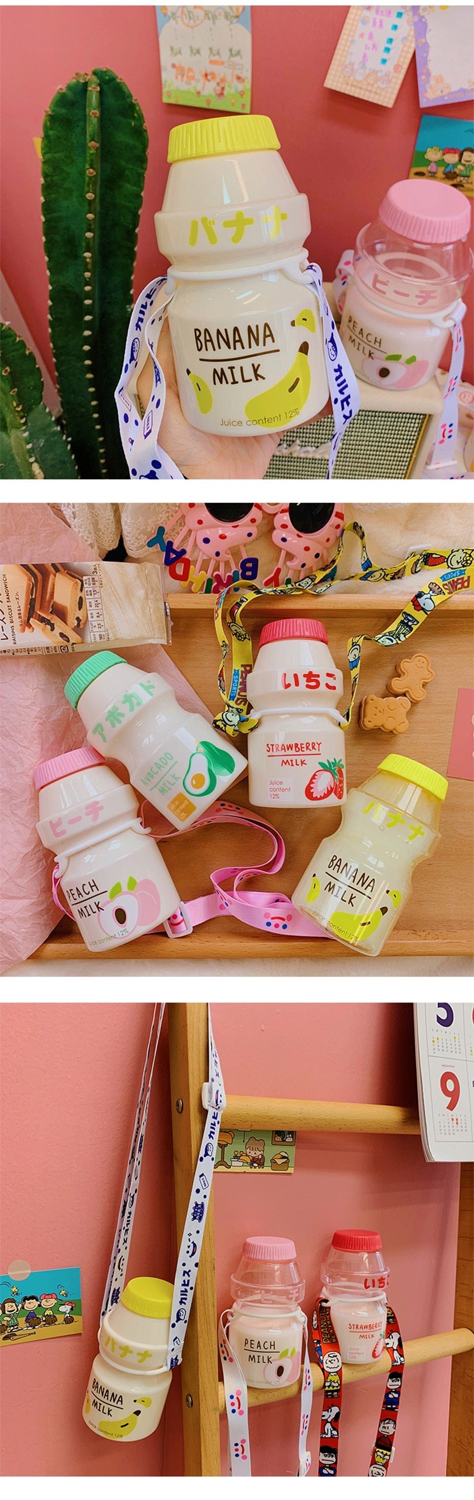 Gourde Kawaii en Forme de Lait aux Fruits avec Sangle
