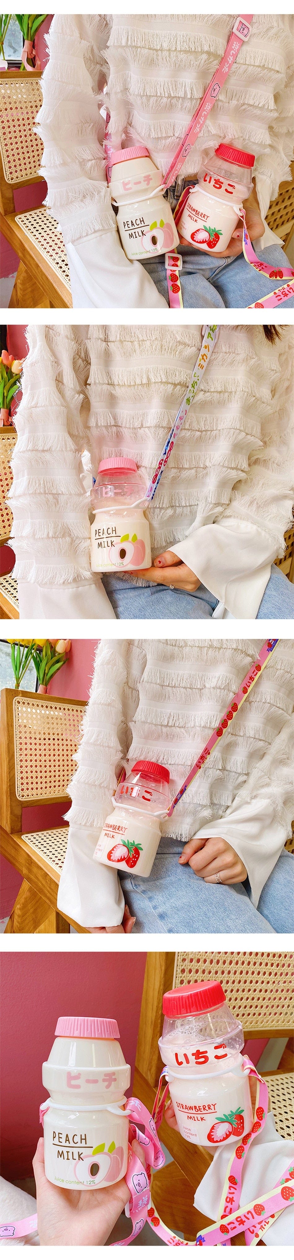 Gourde Kawaii en Forme de Lait aux Fruits avec Sangle