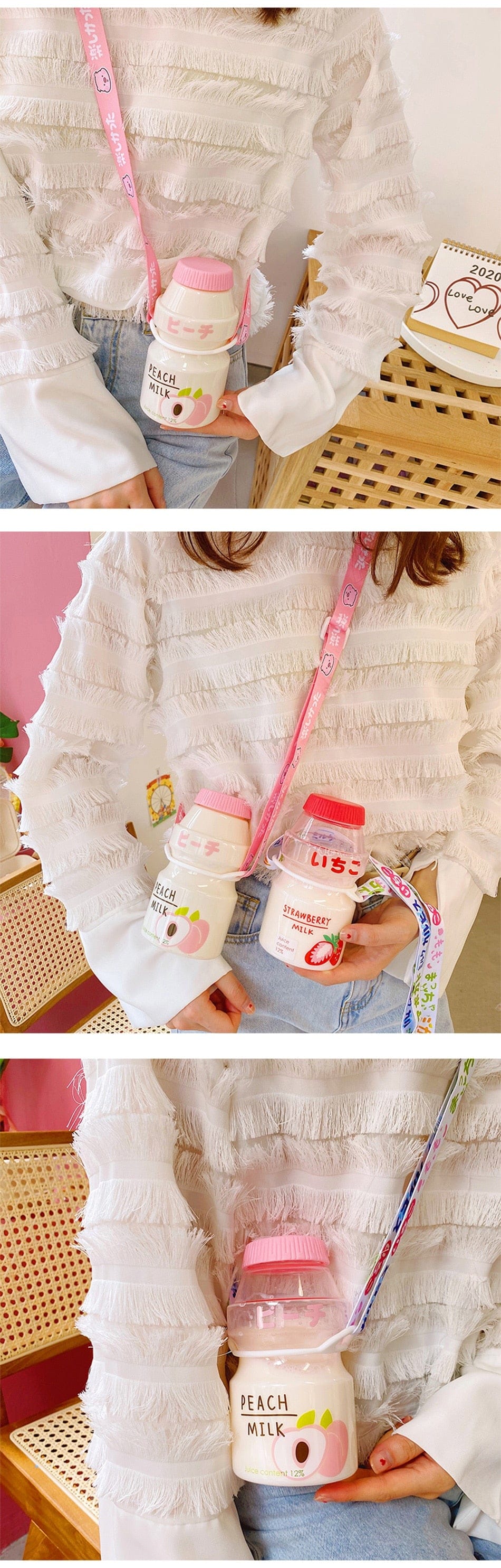 Gourde Kawaii en Forme de Lait aux Fruits avec Sangle