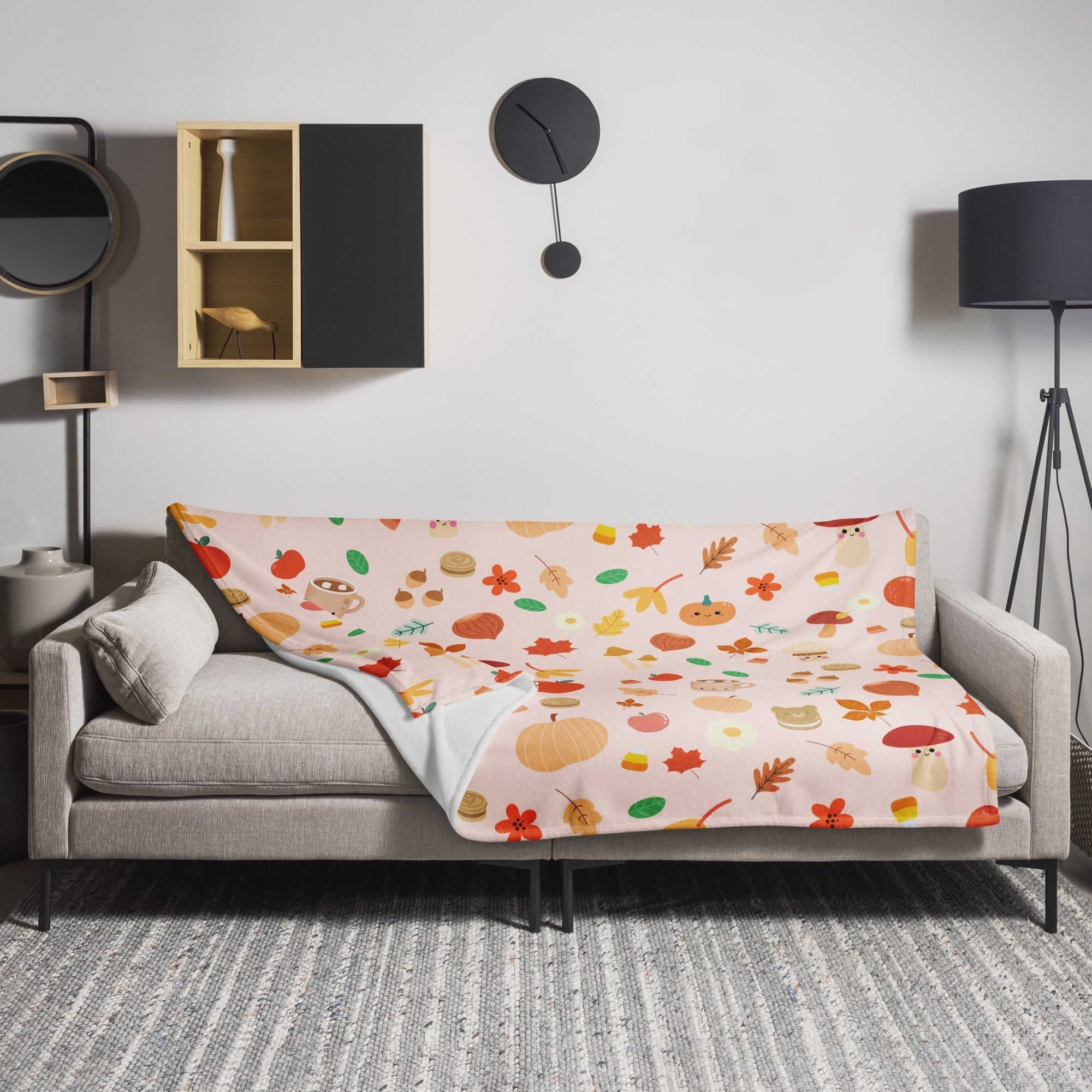 Plaid en Polaire Rose Pâle à Motifs Automnaux Mignons