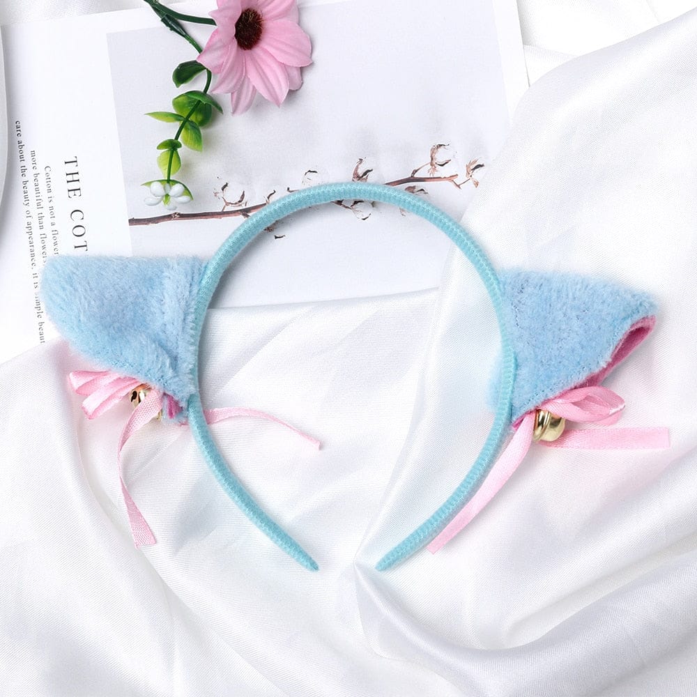 Serre-Tête en Peluche Bleu à Oreilles de Chat et Nœuds