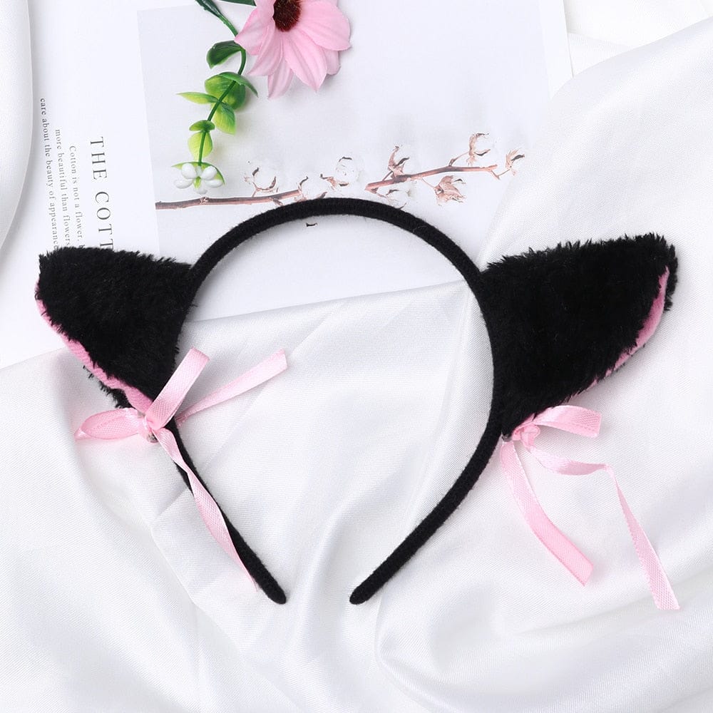 Serre-Tête en Peluche Bleu à Oreilles de Chat et Nœuds