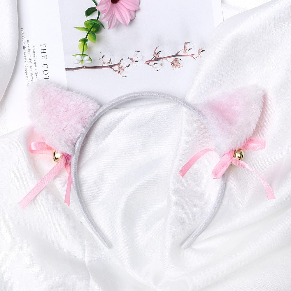 Serre-Tête en Peluche Bleu à Oreilles de Chat et Nœuds