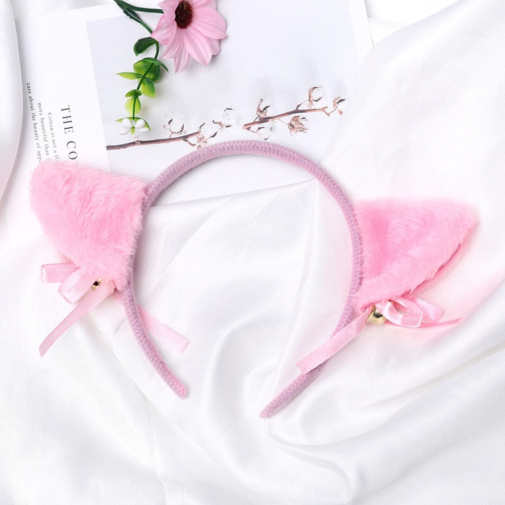 Serre-Tête en Peluche Bleu à Oreilles de Chat et Nœuds