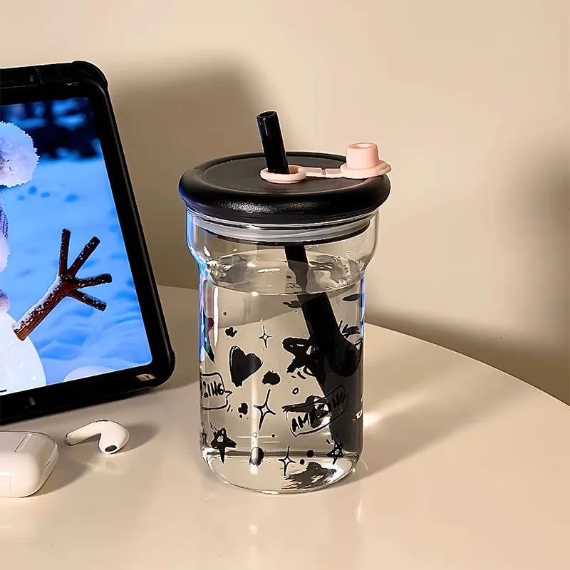 Bouteille verre kawaii étoile 560 ml avec couvercle et paille - Câlin Kawaii