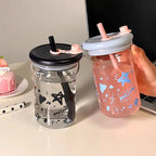Gobelet en Verre Kawaii à Paille Rose et Motifs Astres