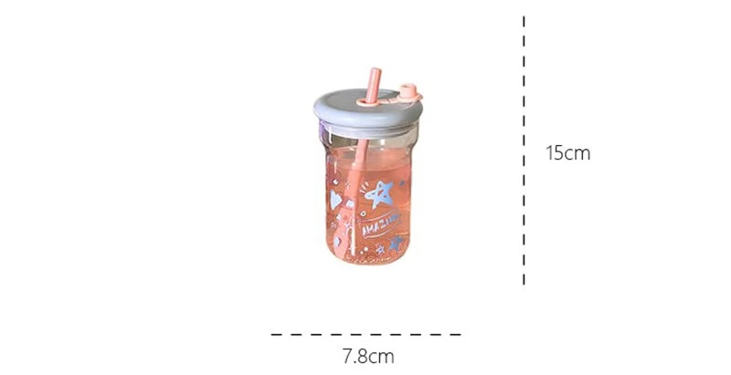 Gobelet en Verre Kawaii à Paille Rose et Motifs Astres